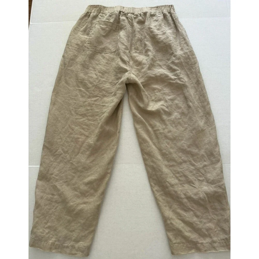 Quince Pants Womens Medium Beige 100% Linen Pull On Elastic Waist Pockets Luxury